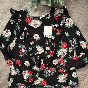 Zara Black Floral Ruffle Women's Top